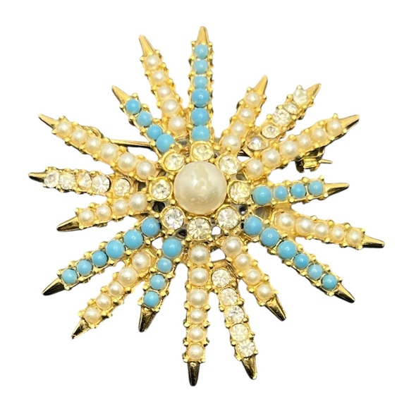 Jewelry - MCM starburst faux pearl turquoise rhinestone vintage brooch pin gold tone